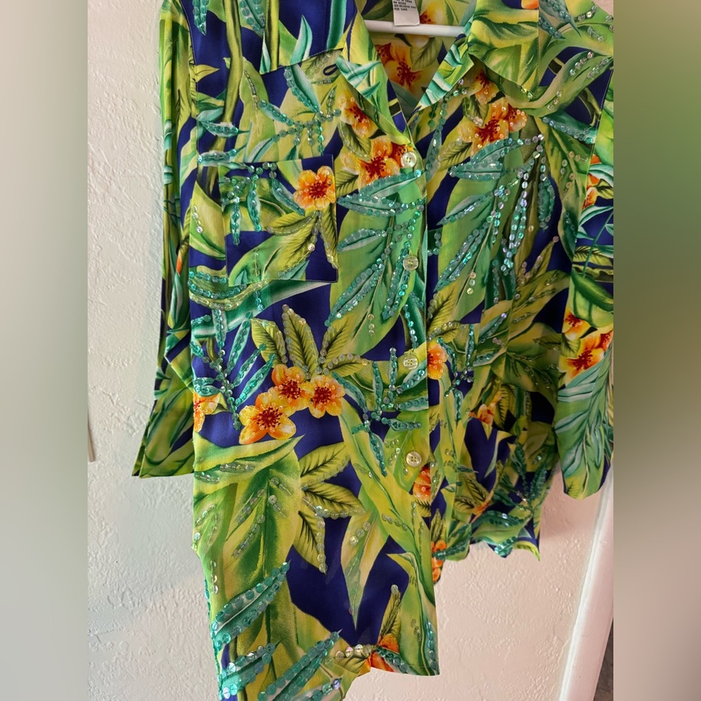 Vintage Diane Gilman Silk Tropical Sequin Blouse Beach Resort Cruise Vacation - Picture 3 of 8